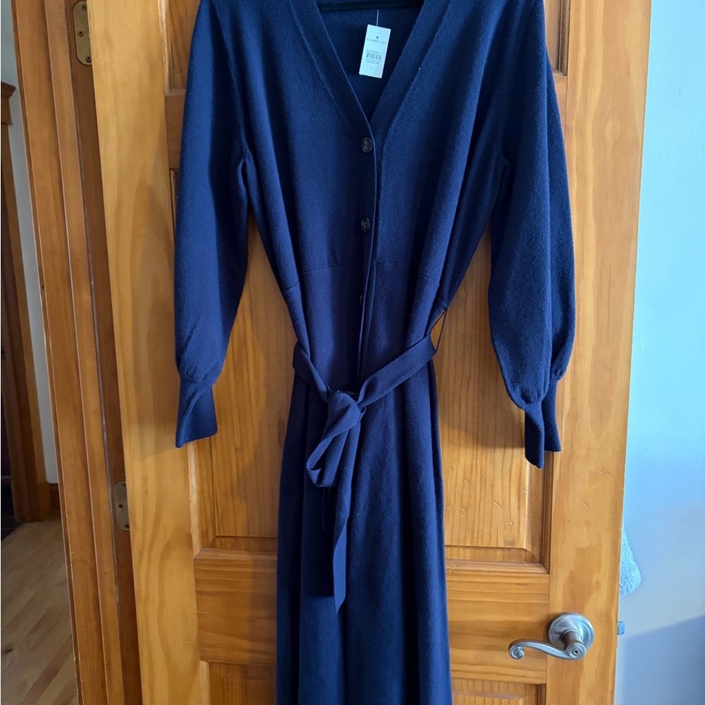 Ann Taylor Navy V-Neck Button-Front Knit Dress with Tie Waist